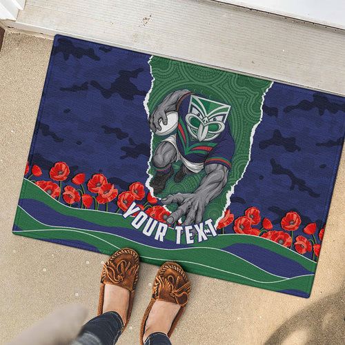 Personalized New Zealand Warriors ANZAC Tribute Rubber Doormat Poppy Field Soldier Silhouette Aboriginal Rugby Mascot