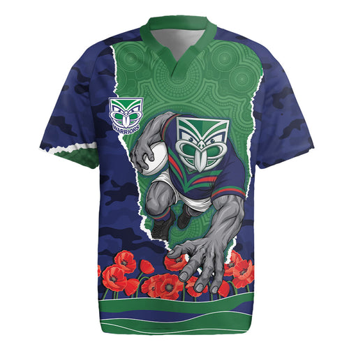 Personalized New Zealand Warriors ANZAC Tribute Rugby Jersey Poppy Field Soldier Silhouette Aboriginal Rugby Mascot