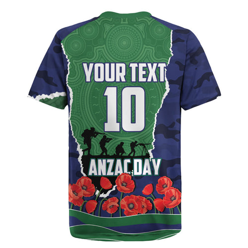 Personalized New Zealand Warriors ANZAC Tribute Rugby Jersey Poppy Field Soldier Silhouette Aboriginal Rugby Mascot