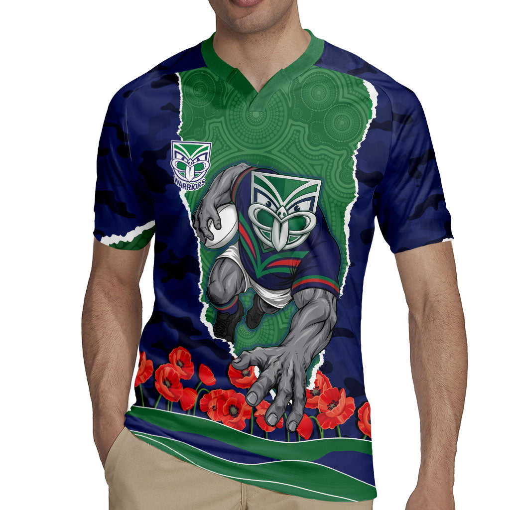 Personalized New Zealand Warriors ANZAC Tribute Rugby Jersey Poppy Field Soldier Silhouette Aboriginal Rugby Mascot