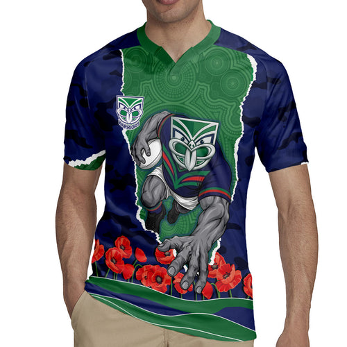 Personalized New Zealand Warriors ANZAC Tribute Rugby Jersey Poppy Field Soldier Silhouette Aboriginal Rugby Mascot