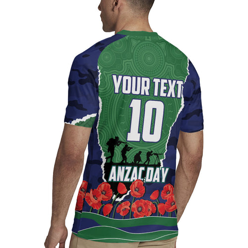 Personalized New Zealand Warriors ANZAC Tribute Rugby Jersey Poppy Field Soldier Silhouette Aboriginal Rugby Mascot