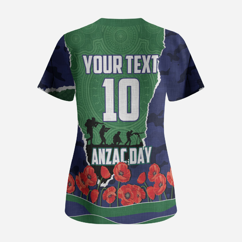 Personalized New Zealand Warriors ANZAC Tribute Scrub Top Poppy Field Soldier Silhouette Aboriginal Rugby Mascot