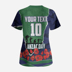 Personalized New Zealand Warriors ANZAC Tribute Scrub Top Poppy Field Soldier Silhouette Aboriginal Rugby Mascot