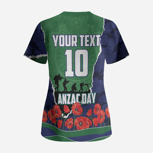Personalized New Zealand Warriors ANZAC Tribute Scrub Top Poppy Field Soldier Silhouette Aboriginal Rugby Mascot