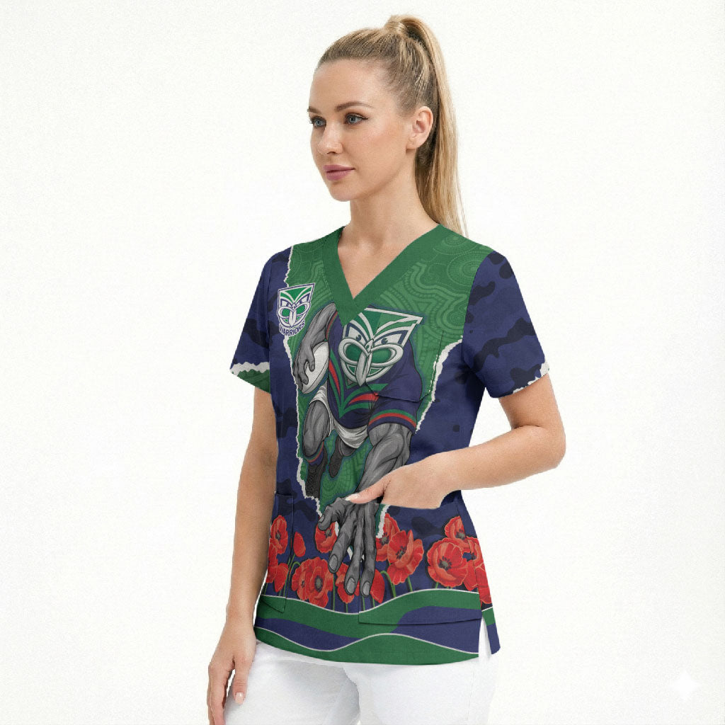 Personalized New Zealand Warriors ANZAC Tribute Scrub Top Poppy Field Soldier Silhouette Aboriginal Rugby Mascot
