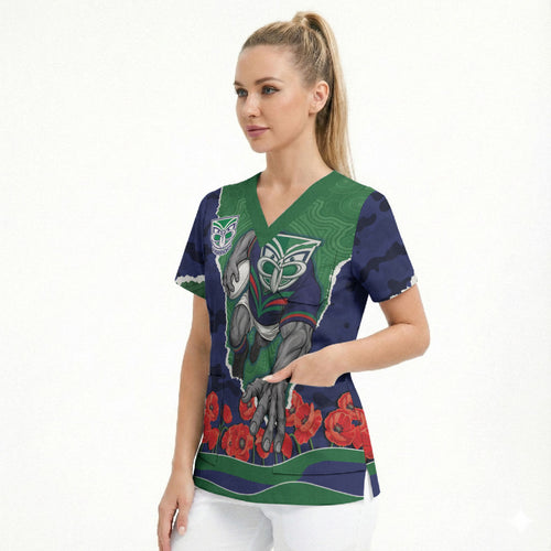 Personalized New Zealand Warriors ANZAC Tribute Scrub Top Poppy Field Soldier Silhouette Aboriginal Rugby Mascot