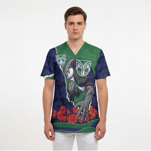 Personalized New Zealand Warriors ANZAC Tribute Scrub Top Poppy Field Soldier Silhouette Aboriginal Rugby Mascot
