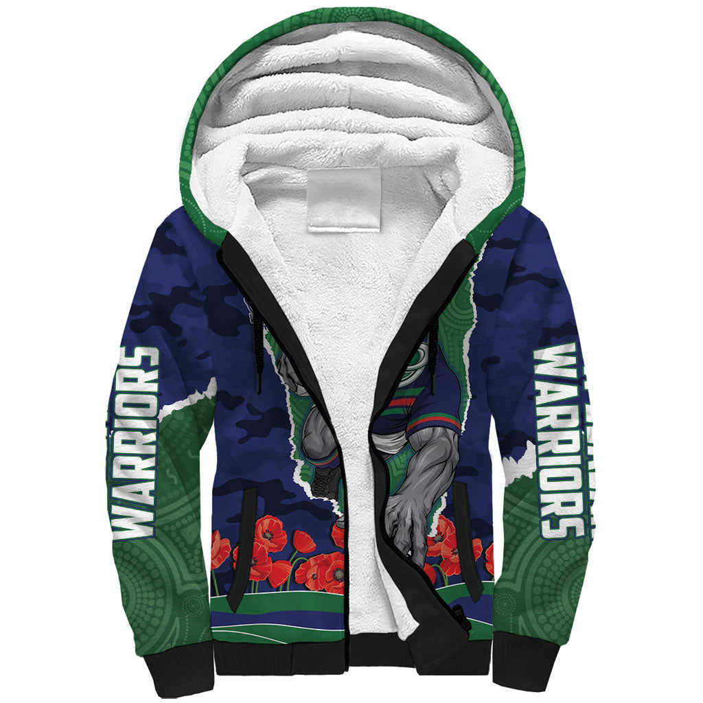 Personalized New Zealand Warriors ANZAC Tribute Sherpa Hoodie Poppy Field Soldier Silhouette Aboriginal Rugby Mascot