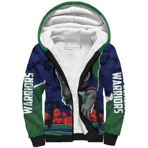 Personalized New Zealand Warriors ANZAC Tribute Sherpa Hoodie Poppy Field Soldier Silhouette Aboriginal Rugby Mascot