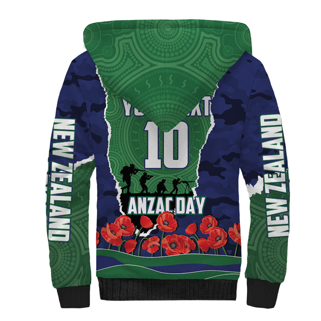 Personalized New Zealand Warriors ANZAC Tribute Sherpa Hoodie Poppy Field Soldier Silhouette Aboriginal Rugby Mascot
