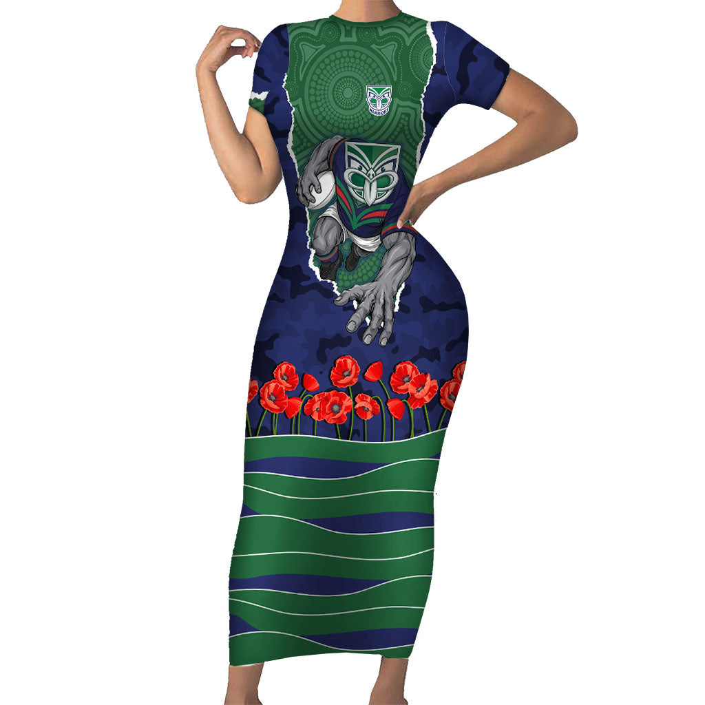 Personalized New Zealand Warriors ANZAC Tribute Short Sleeve Bodycon Dress Poppy Field Soldier Silhouette Aboriginal Rugby Mascot