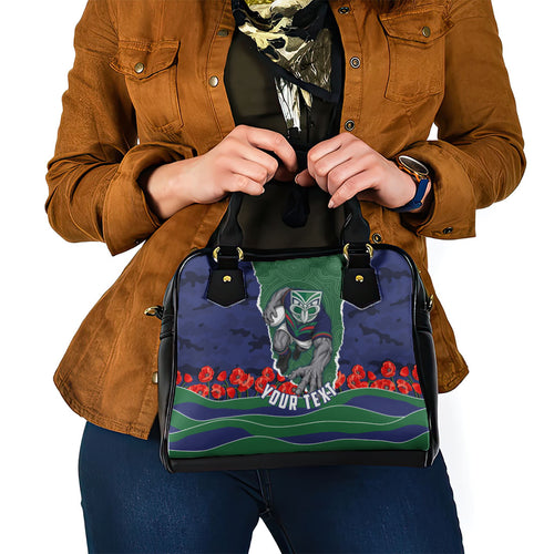 Personalized New Zealand Warriors ANZAC Tribute Shoulder Handbag Poppy Field Soldier Silhouette Aboriginal Rugby Mascot