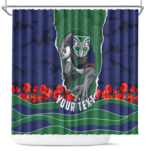 Personalized New Zealand Warriors ANZAC Tribute Shower Curtain Poppy Field Soldier Silhouette Aboriginal Rugby Mascot