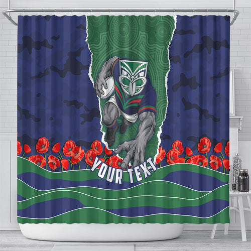 Personalized New Zealand Warriors ANZAC Tribute Shower Curtain Poppy Field Soldier Silhouette Aboriginal Rugby Mascot