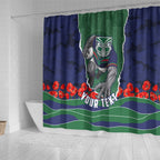 Personalized New Zealand Warriors ANZAC Tribute Shower Curtain Poppy Field Soldier Silhouette Aboriginal Rugby Mascot