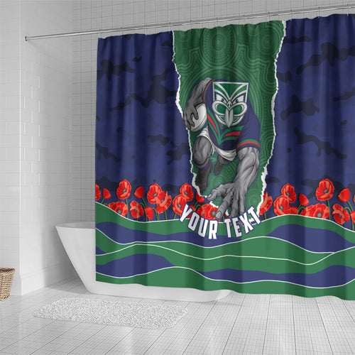 Personalized New Zealand Warriors ANZAC Tribute Shower Curtain Poppy Field Soldier Silhouette Aboriginal Rugby Mascot