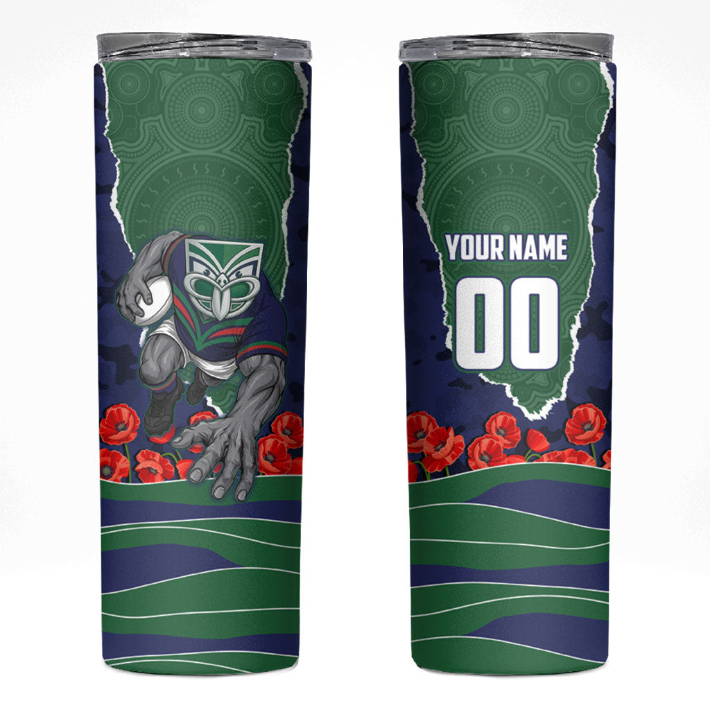 Personalized New Zealand Warriors ANZAC Tribute Skinny Tumbler Poppy Field Soldier Silhouette Aboriginal Rugby Mascot