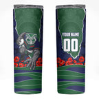 Personalized New Zealand Warriors ANZAC Tribute Skinny Tumbler Poppy Field Soldier Silhouette Aboriginal Rugby Mascot