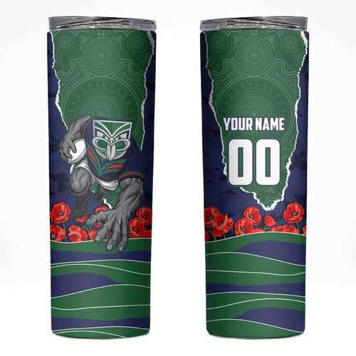 Personalized New Zealand Warriors ANZAC Tribute Skinny Tumbler Poppy Field Soldier Silhouette Aboriginal Rugby Mascot