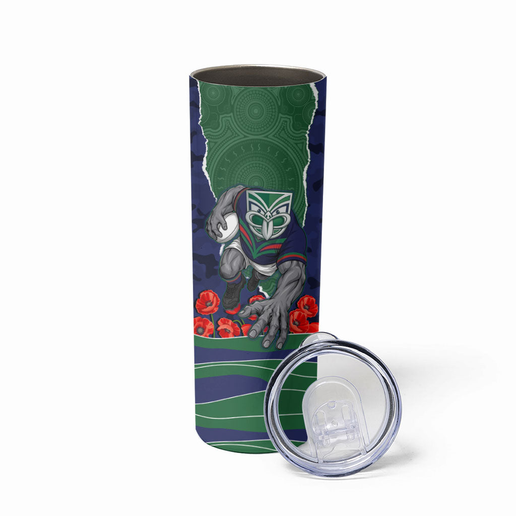 Personalized New Zealand Warriors ANZAC Tribute Skinny Tumbler Poppy Field Soldier Silhouette Aboriginal Rugby Mascot