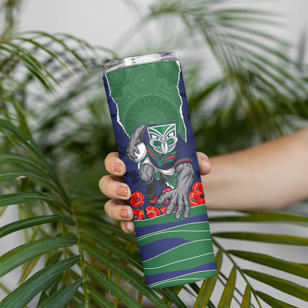 Personalized New Zealand Warriors ANZAC Tribute Skinny Tumbler Poppy Field Soldier Silhouette Aboriginal Rugby Mascot