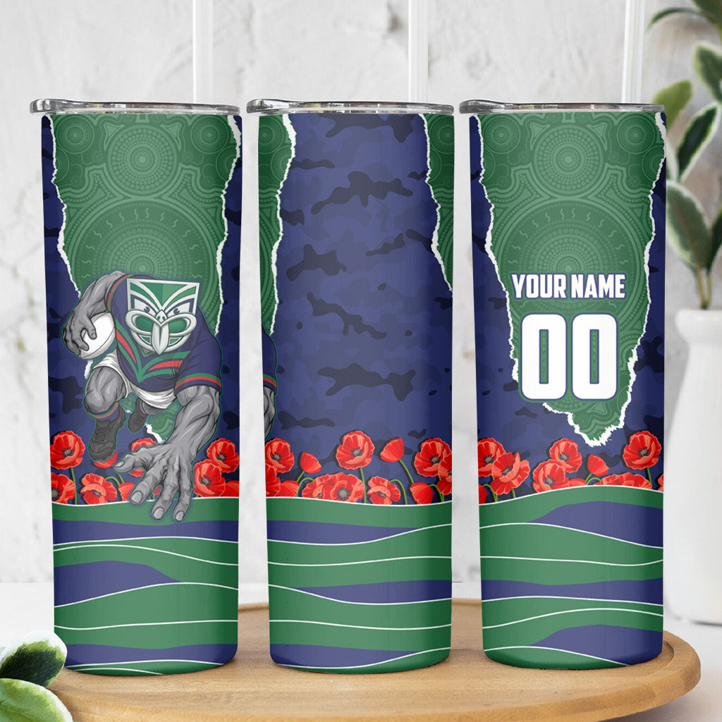 Personalized New Zealand Warriors ANZAC Tribute Skinny Tumbler Poppy Field Soldier Silhouette Aboriginal Rugby Mascot