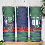 Personalized New Zealand Warriors ANZAC Tribute Skinny Tumbler Poppy Field Soldier Silhouette Aboriginal Rugby Mascot