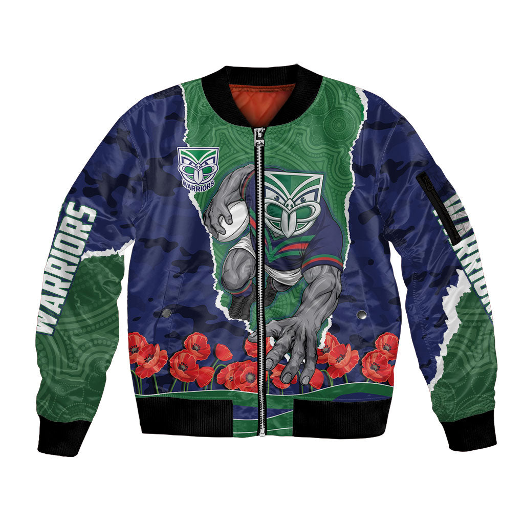 Personalized New Zealand Warriors ANZAC Tribute Sleeve Zip Bomber Jacket Poppy Field Soldier Silhouette Aboriginal Rugby Mascot