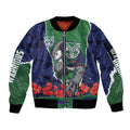 Personalized New Zealand Warriors ANZAC Tribute Sleeve Zip Bomber Jacket Poppy Field Soldier Silhouette Aboriginal Rugby Mascot