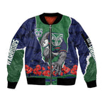 Personalized New Zealand Warriors ANZAC Tribute Sleeve Zip Bomber Jacket Poppy Field Soldier Silhouette Aboriginal Rugby Mascot