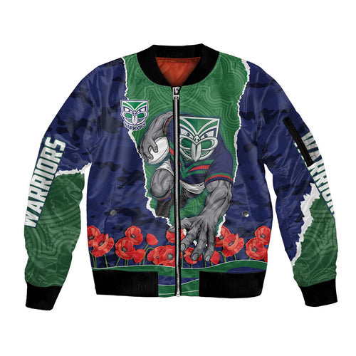 Personalized New Zealand Warriors ANZAC Tribute Sleeve Zip Bomber Jacket Poppy Field Soldier Silhouette Aboriginal Rugby Mascot