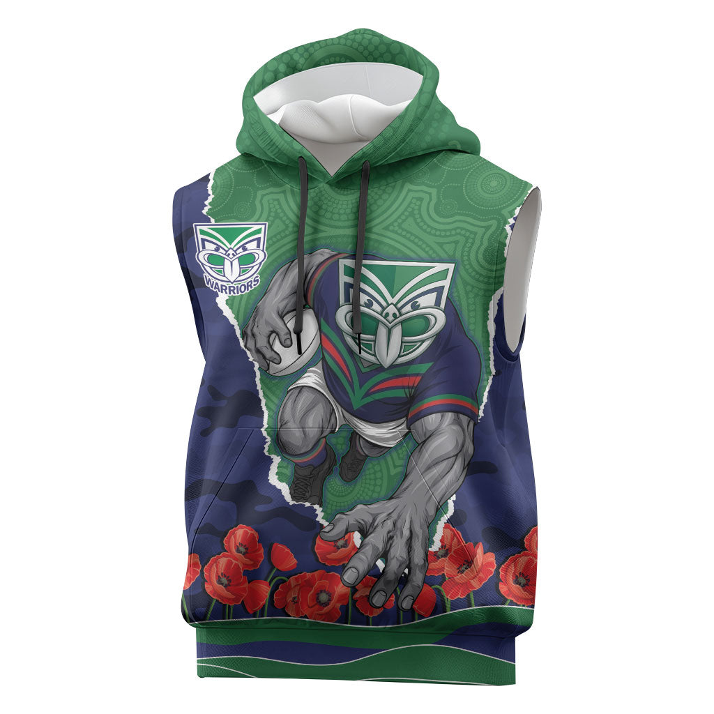 Personalized New Zealand Warriors ANZAC Tribute Sleeveless Hoodie Poppy Field Soldier Silhouette Aboriginal Rugby Mascot