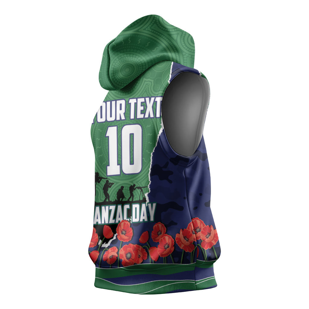 Personalized New Zealand Warriors ANZAC Tribute Sleeveless Hoodie Poppy Field Soldier Silhouette Aboriginal Rugby Mascot