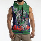 Personalized New Zealand Warriors ANZAC Tribute Sleeveless Hoodie Poppy Field Soldier Silhouette Aboriginal Rugby Mascot