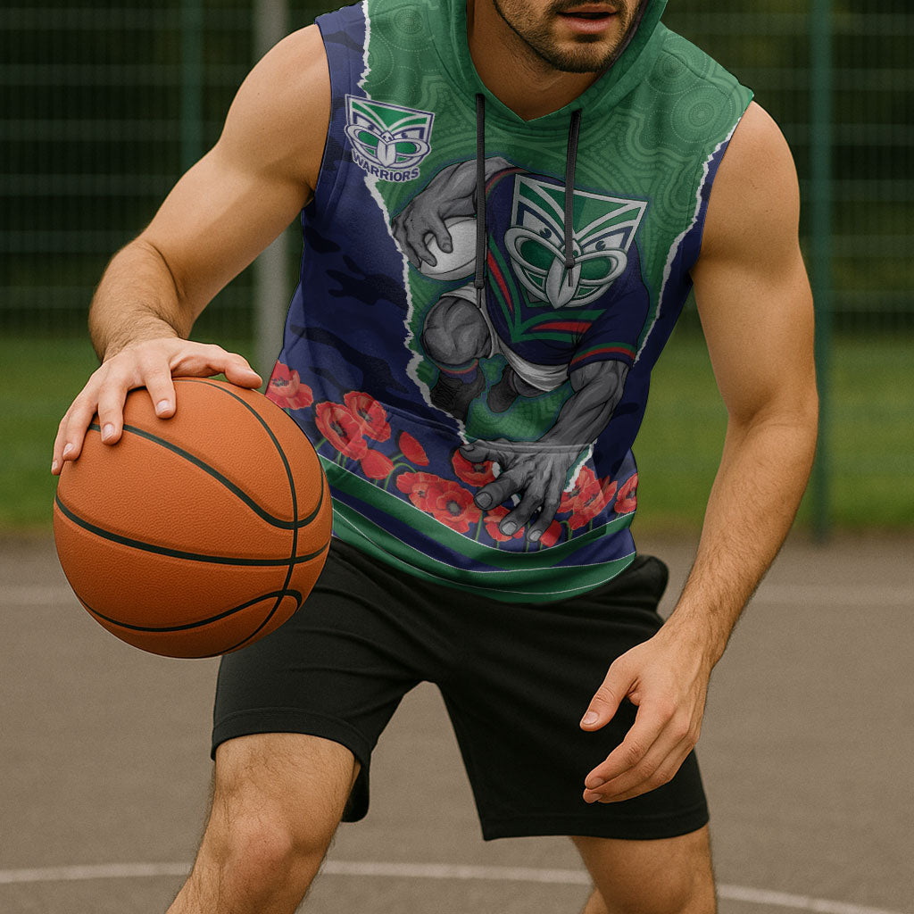 Personalized New Zealand Warriors ANZAC Tribute Sleeveless Hoodie Poppy Field Soldier Silhouette Aboriginal Rugby Mascot
