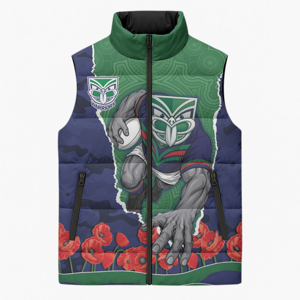 Personalized New Zealand Warriors ANZAC Tribute Sleeveless Puffer Jacket Poppy Field Soldier Silhouette Aboriginal Rugby Mascot