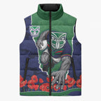 Personalized New Zealand Warriors ANZAC Tribute Sleeveless Puffer Jacket Poppy Field Soldier Silhouette Aboriginal Rugby Mascot