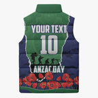 Personalized New Zealand Warriors ANZAC Tribute Sleeveless Puffer Jacket Poppy Field Soldier Silhouette Aboriginal Rugby Mascot