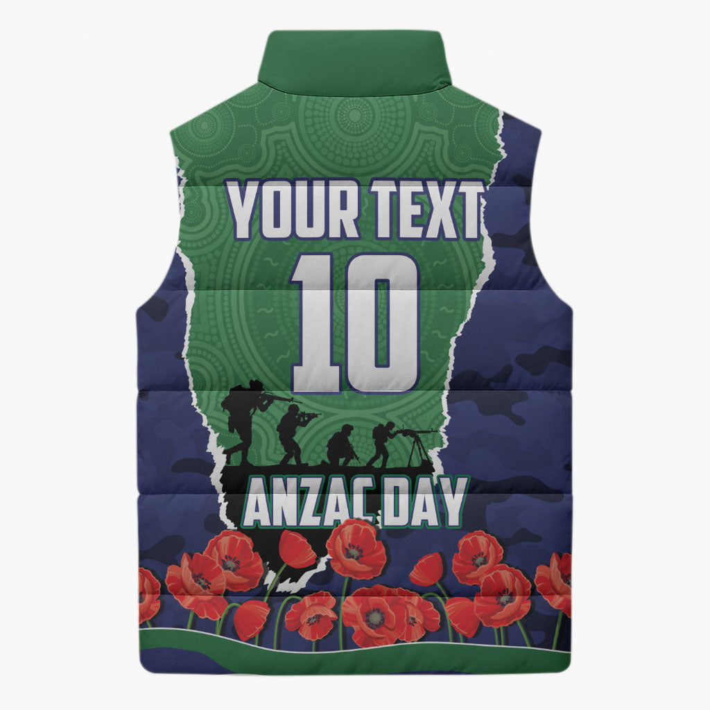 Personalized New Zealand Warriors ANZAC Tribute Sleeveless Puffer Jacket Poppy Field Soldier Silhouette Aboriginal Rugby Mascot