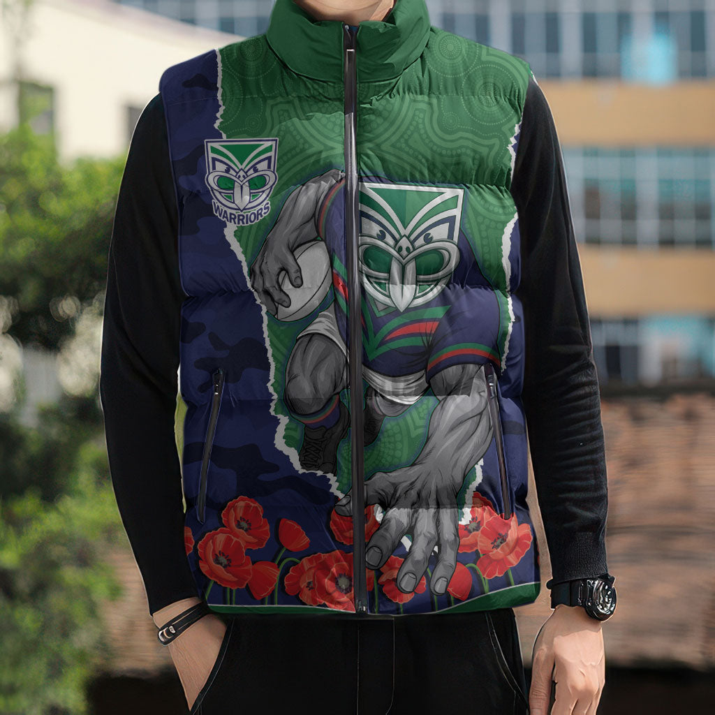 Personalized New Zealand Warriors ANZAC Tribute Sleeveless Puffer Jacket Poppy Field Soldier Silhouette Aboriginal Rugby Mascot
