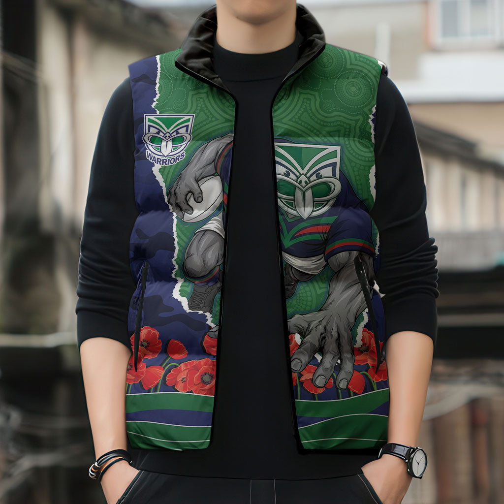 Personalized New Zealand Warriors ANZAC Tribute Sleeveless Puffer Jacket Poppy Field Soldier Silhouette Aboriginal Rugby Mascot