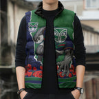 Personalized New Zealand Warriors ANZAC Tribute Sleeveless Puffer Jacket Poppy Field Soldier Silhouette Aboriginal Rugby Mascot