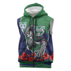 Personalized New Zealand Warriors ANZAC Tribute Sleeveless Zip Hoodie Poppy Field Soldier Silhouette Aboriginal Rugby Mascot