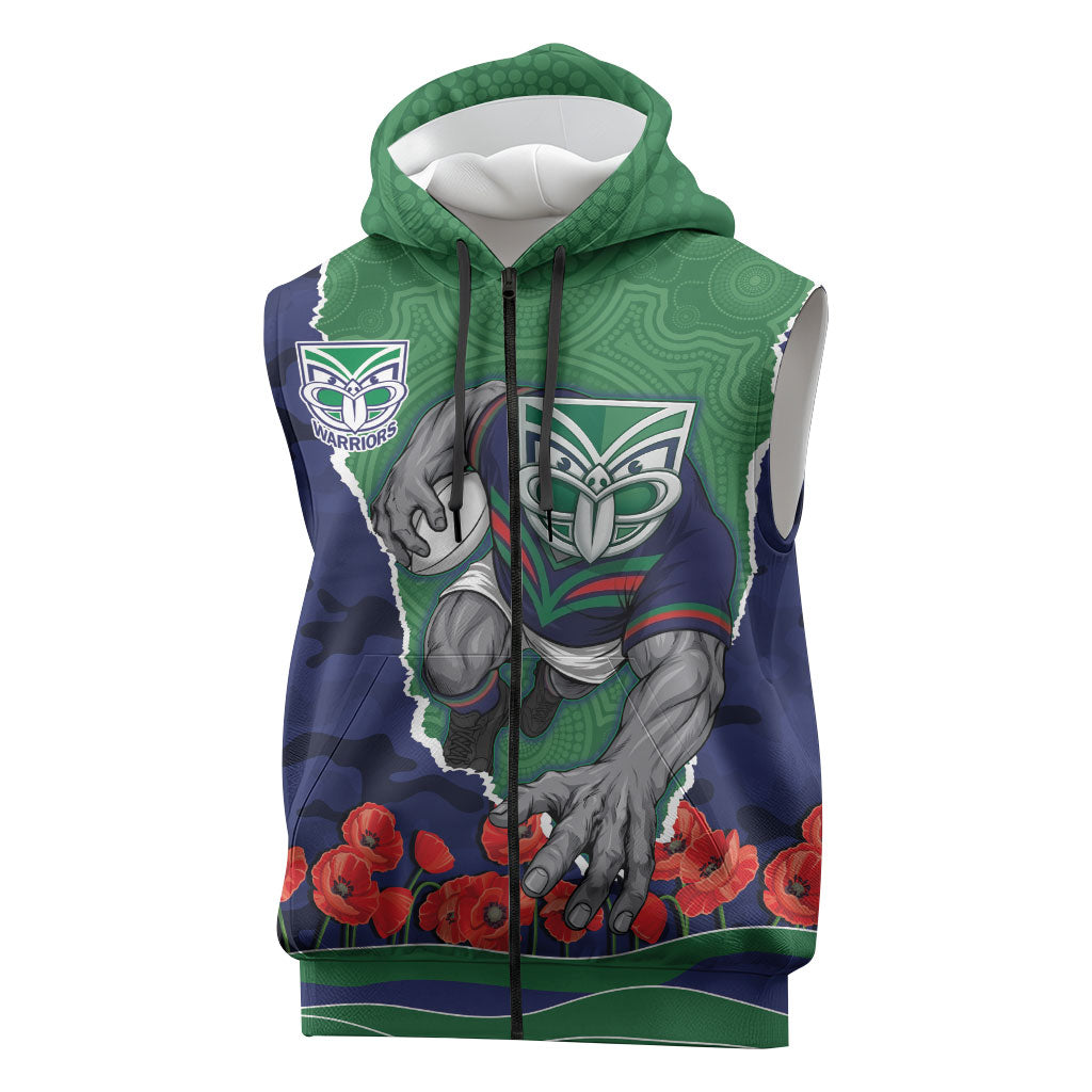 Personalized New Zealand Warriors ANZAC Tribute Sleeveless Zip Hoodie Poppy Field Soldier Silhouette Aboriginal Rugby Mascot