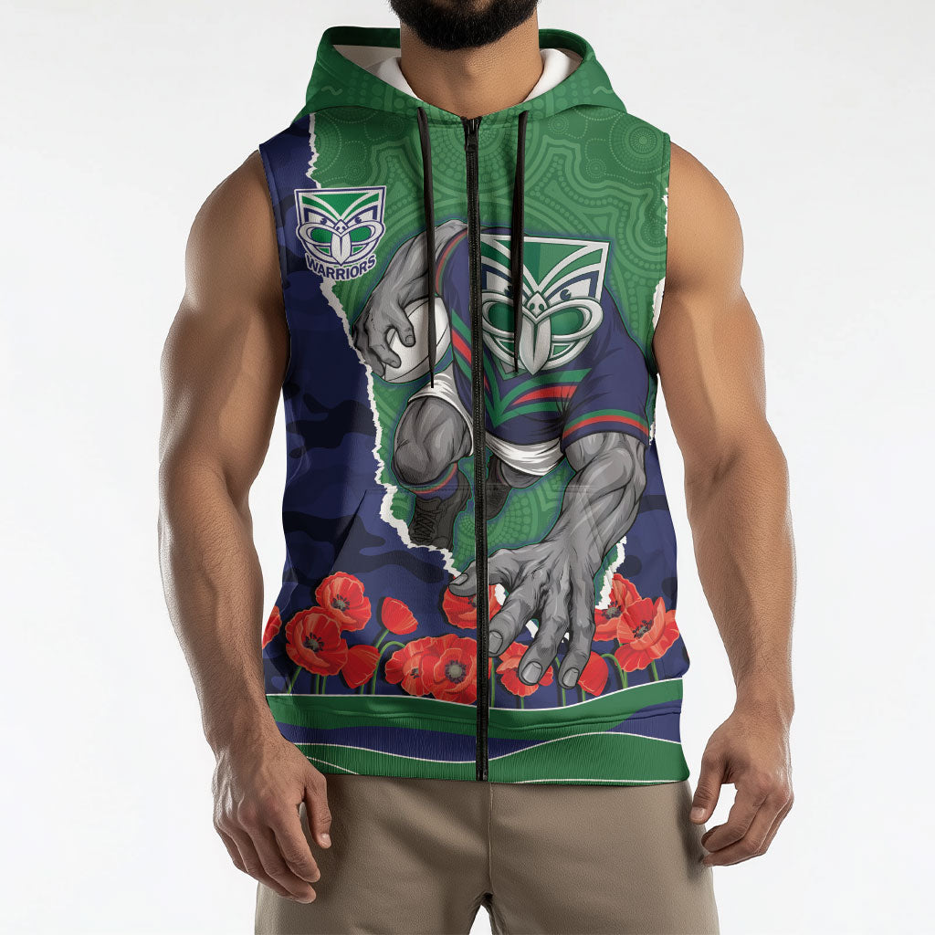 Personalized New Zealand Warriors ANZAC Tribute Sleeveless Zip Hoodie Poppy Field Soldier Silhouette Aboriginal Rugby Mascot