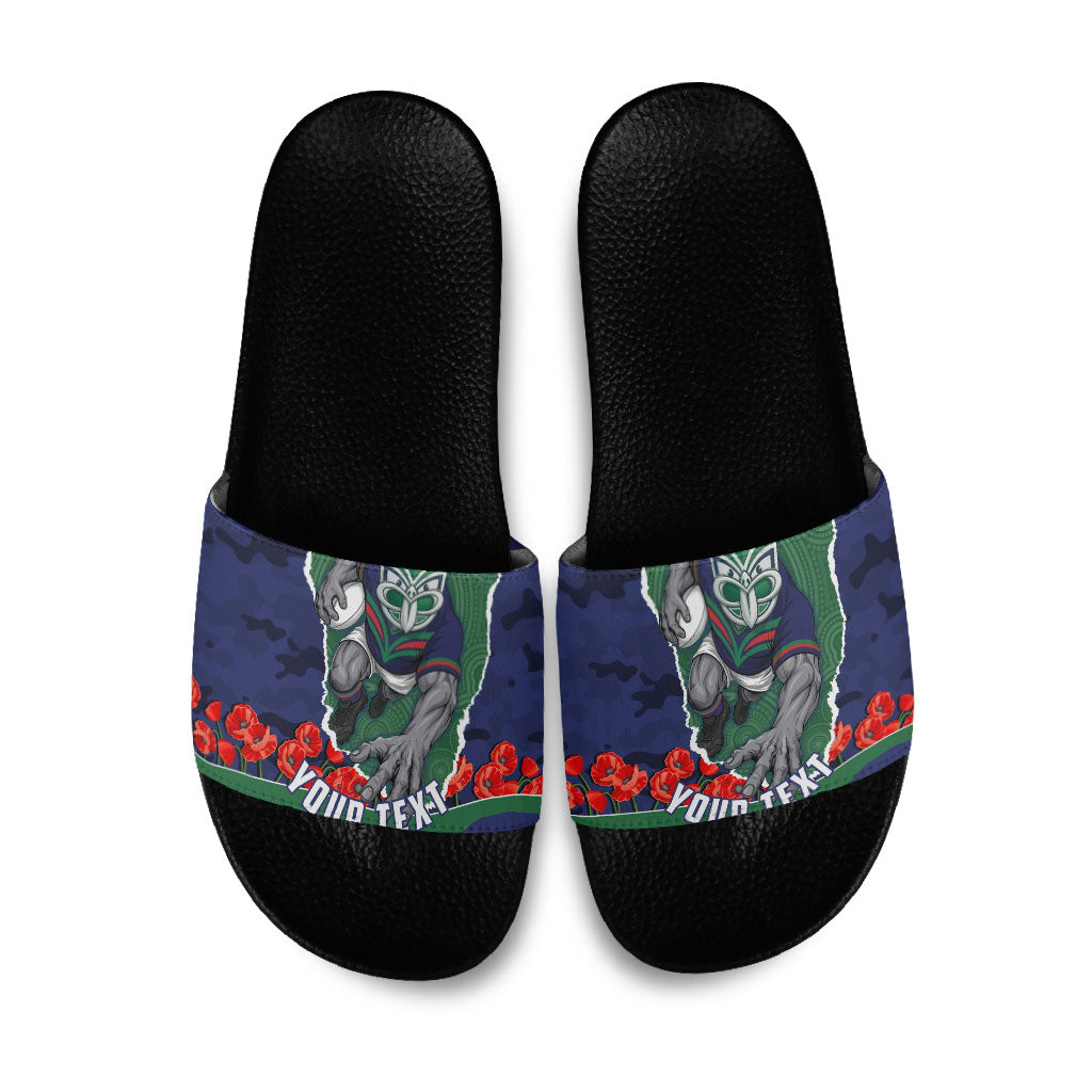 Personalized New Zealand Warriors ANZAC Tribute Slide Sandals Poppy Field Soldier Silhouette Aboriginal Rugby Mascot