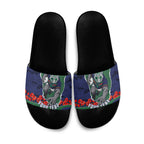 Personalized New Zealand Warriors ANZAC Tribute Slide Sandals Poppy Field Soldier Silhouette Aboriginal Rugby Mascot