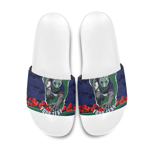 Personalized New Zealand Warriors ANZAC Tribute Slide Sandals Poppy Field Soldier Silhouette Aboriginal Rugby Mascot