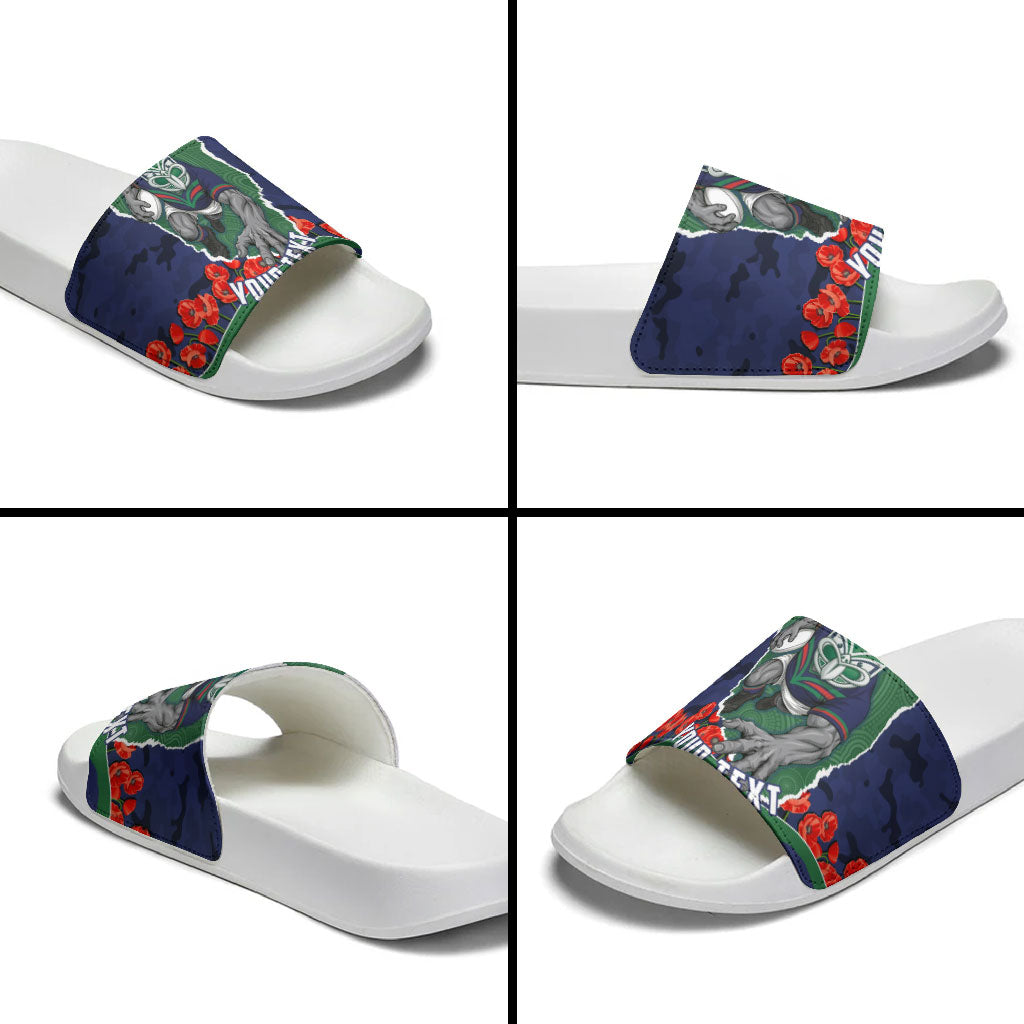 Personalized New Zealand Warriors ANZAC Tribute Slide Sandals Poppy Field Soldier Silhouette Aboriginal Rugby Mascot